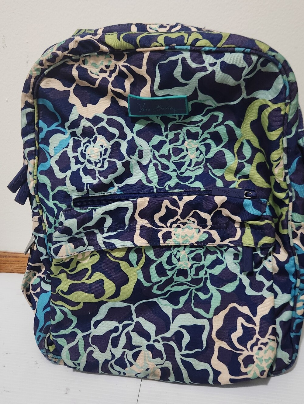 Vera Bradley Navy Floral Quilted School Backpack with Aqua & Lime Accents Large
